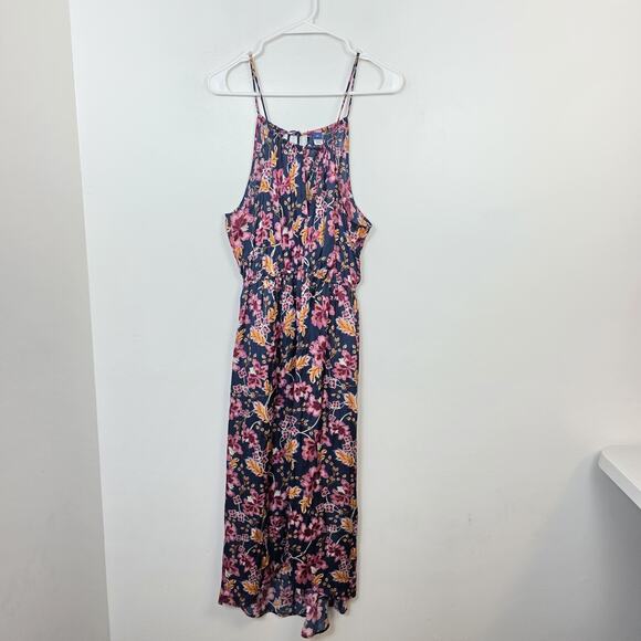 Old Navy Blue Pink Floral Whimsical Waist Defined Halter Satin Midi Dress Sz XS - Picture 1 of 8